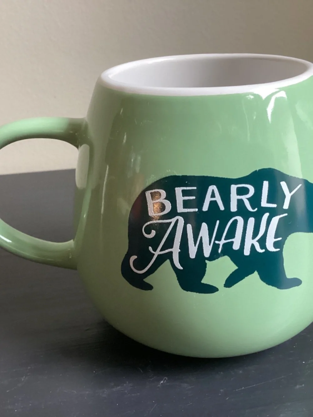 Clay Art “BEARLY AWAKE” 16oz Coffee Mug Green with Black Bear
